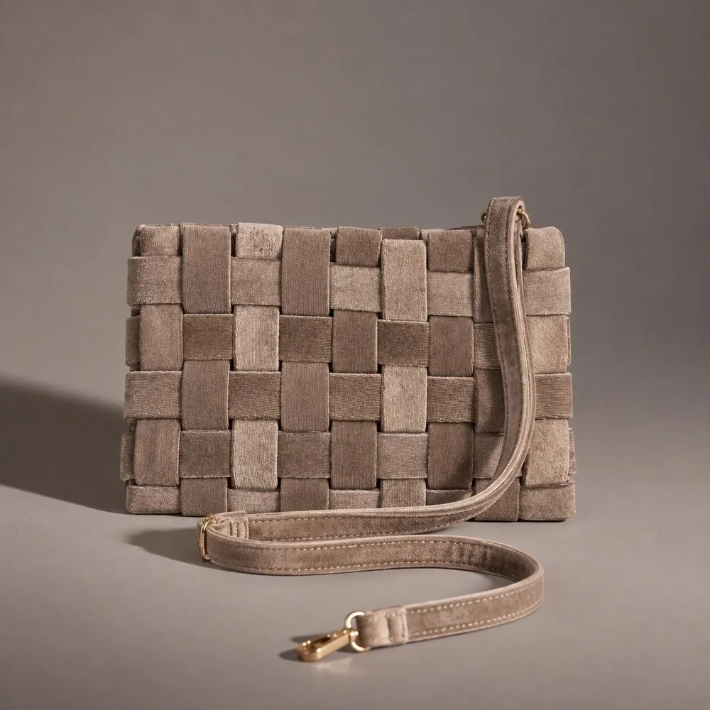 Anthropologie Lindy Woven Clutch Women Taupe Bronze Velvet Crossbody Bag Party
